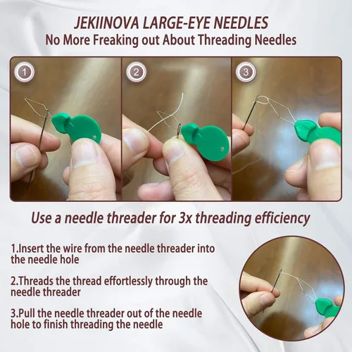 Vista 2 de Agujas de ojo grande para coser a mano, 50 agujas de coser de ojos grandes de alta calidad con enhebradores y tubo de almacenamiento, 5 agujas