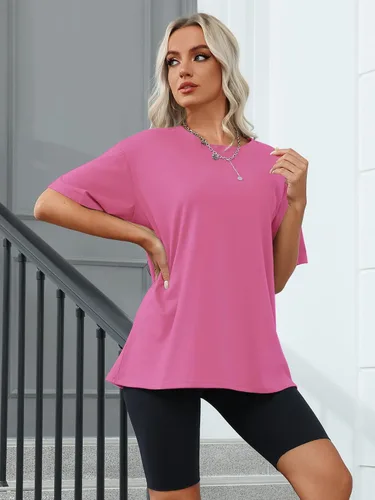 Vista 2 de Camisetas de gran tamaño para mujer, de manga corta, ajuste holgado, para verano, casual, básicas