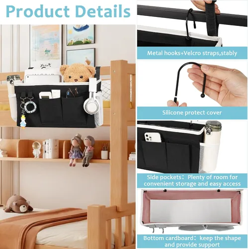 Vista 4 de Loghot Organizador Colgante de Mesita de Noche/Bolsa de Almacenamiento de Mesita de Noche para Literas y Camas de Hospital, Rieles de Cama