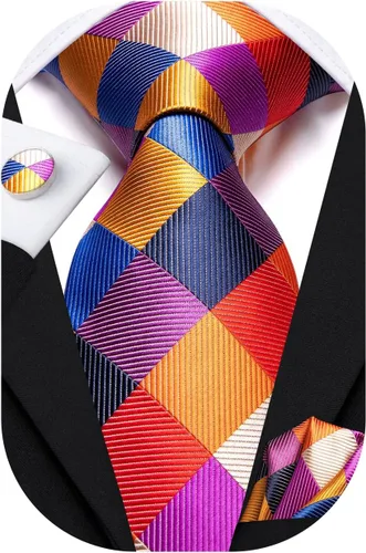 Vista 76 de Hi-Tie Corbata clásica de cachemira para hombre con pañuelo y gemelos a cuadros