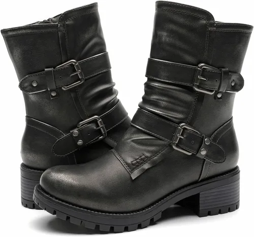 Vista 13 de GLOBALWIN Botas militares con cordones a media pantorrilla, para motocicleta, para festivales de moda, para mujer