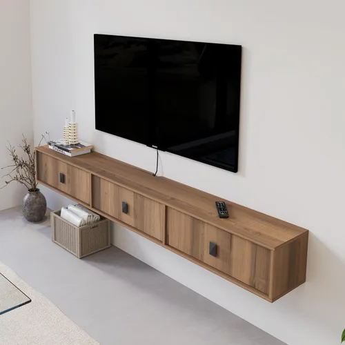Vista 3 de Estante flotante de madera maciza para TV, armario de TV montado en la pared de 63 pulgadas, estantes flotantes con 3 puertas, centro de consola