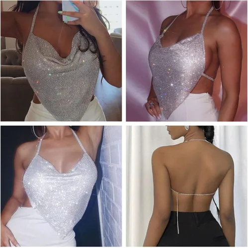 Vista 4 de JUMISEE Camiseta corta sin espalda con diamantes de imitación brillantes para mujer, cuello de capucha, sexy, con cadena, para fiesta, club nocturno