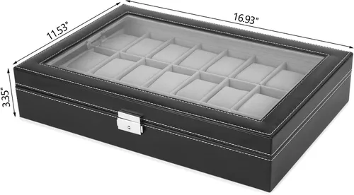 Vista 2 de JS NOVA JUNS Caja de reloj, 24 ranuras para hombre, organizador de relojes con cerradura y tapa acrílica grande, piel sintética negra