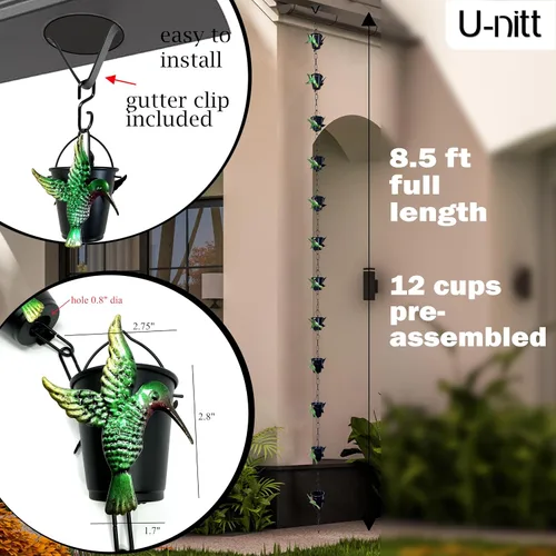 Vista 5 de U-nitt Cadena de lluvia para recolección de agua para canalones, recolector de agua de lluvia y desviador, cadenas de 8.5 pies para jardín exterior