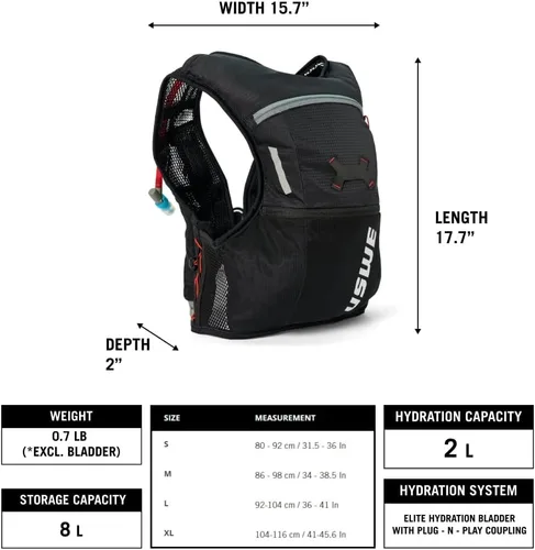 Vista 2 de USWE Rush - Chaleco de hidratación para bicicleta, 8 L, correas ajustables para el pecho, chaleco de hidratación para correr, vejiga de hidratación