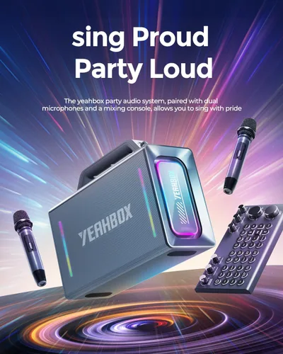 Vista 7 de Yeahbox Thunder 500 Altavoz de Fiesta – Sistema PA Bluetooth de Potencia Máxima de 200W con Micrófonos Inalámbricos Duales, Tarjeta de Sonido DSP