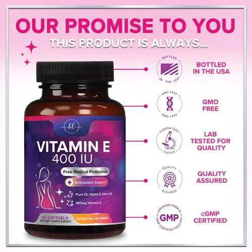 Vista 4 de Vitamina E - 180 mg por porción - Potente suplemento de apoyo para el cabello y la piel - Dl-Alpha VitaminE Apoyo a la salud inmune