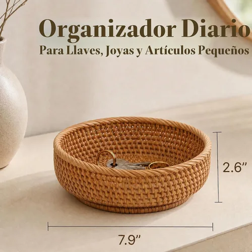 Vista 3 de Cesta redonda pequeña de ratán de 7.9 pulgadas, cesta organizadora de mimbre, almacenamiento tejido a mano para llaves, joyas, escritorio, mesa