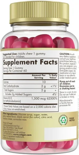 Vista 2 de Solgar Gomitas Metil B12 para adultos, 1,500 mcg de vitamina ultra potencia para apoyo energético y metabolismo, sabor frambuesa, gomitas veganas