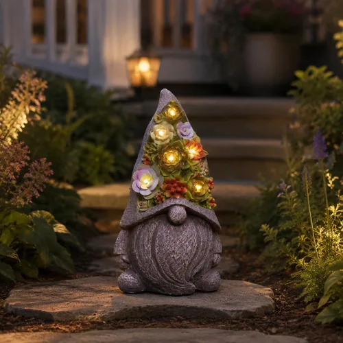 Vista 3 de Estatuas solares de jardín con suculentas y luces LED, estatuas de gnomos de jardín para patio, exterior, patio, balcón, jardinería, inauguración