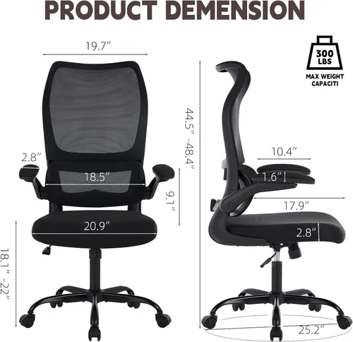 Vista 3 de Silla de oficina ergonómica, silla de escritorio de malla transpirable con respaldo alto para computadora con soporte lumbar ajustable