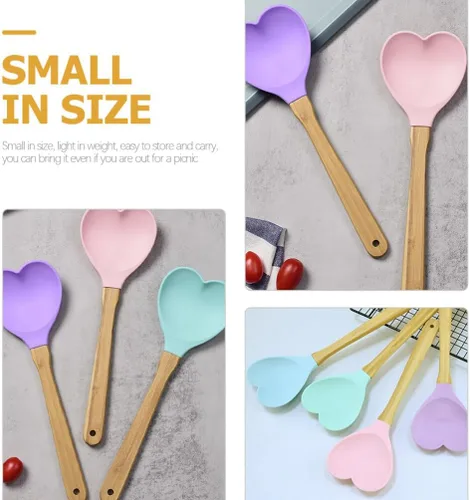 Vista 5 de Espátula en forma de corazón, 4 unidades, cuchara de madera de silicio en forma de corazón, cuchara de cocina para revolver, cuchara de mezcla