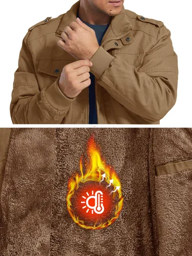 Vista 5 de MAGCOMSEN Chaqueta de invierno para hombre, con forro polar, chaqueta de trabajo de lona encerada, chaquetas cálidas de sherpa, chaqueta militar
