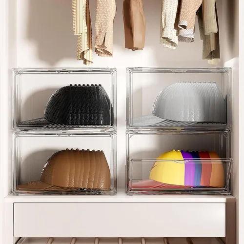 Vista 2 de Caja organizadora de sombreros, paquete de 2 unidades de almacenamiento para gorras de béisbol, contenedor porta sombreros apilable con tapas