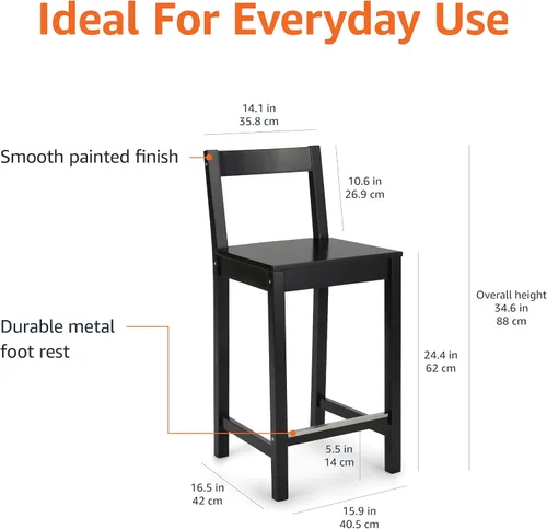Vista 2 de Amazon Basics Taburete de bar de madera con respaldo 24", negro, 1 unidad