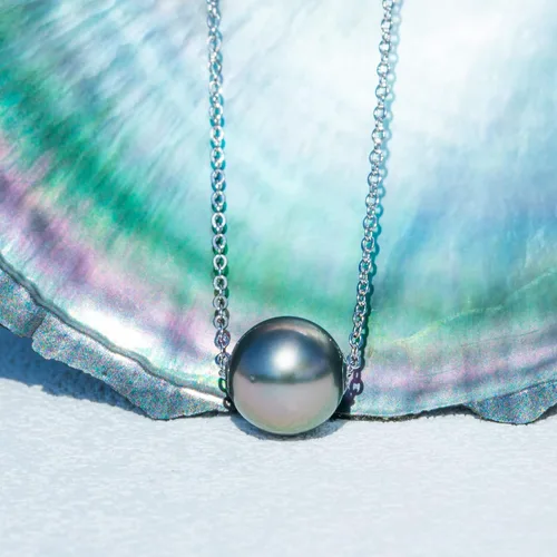 Vista 2 de Collar de perlas negras de Tahití genuinas de 9 a 0.551 in, perlas negras de Tahití de la naturaleza seleccionadas a mano de calidad AAA, colgante