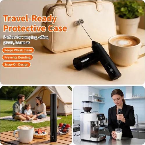 Vista 11 de TonJin Espumador de leche recargable de mano con cubierta de viaje, batidor eléctrico ajustable de 3 velocidades para café, café con leche