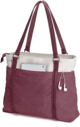 Vista 6 de Laptop Tote Bag for Women, 15.6 Inch Work Bag with Laptop Compartment and Zipper, Canvas Computer Tote for Teacher Negro