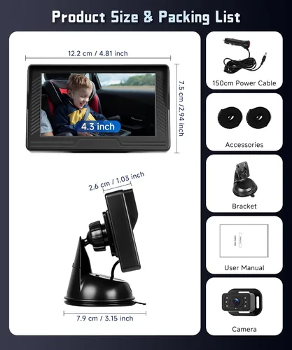 Vista 7 de Cámara de coche de bebé para asiento trasero HD con visión nocturna, ángulo de visión ajustable, fácil instalación, cámara giratoria de 360°