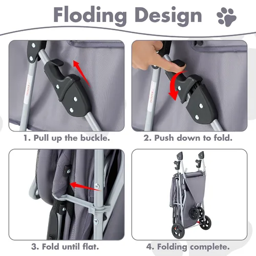 Vista 4 de DUMOS Cochecito de 3 ruedas para perros y gatos pequeños, cochecito plegable para perros con ventanas de malla, cesta de almacenamiento y soporte