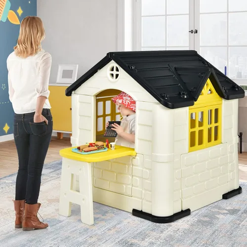 Vista 9 de Costzon Casa de juegos para niños, juegos de jardín al aire libre con puertas y ventanas de trabajo, casa de juguetes de simulación con mesa