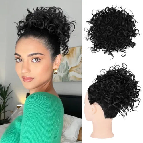 Vista 16 de HOOJIH - Moño desordenado para el pelo, pieza de pelo con cordón elástico, onda suelta, gran moño rizado, corto, extensión de cola de caballo Negro