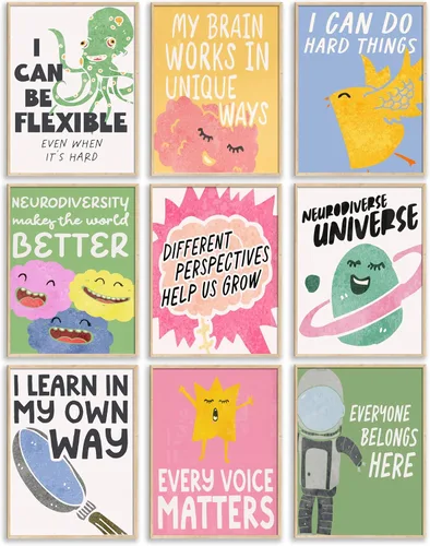 Vista 10 de 9 piezas de arte de pared con citas inspiradoras coloridas motivacionales positivas para el aula, imágenes de mentalidad de crecimiento, profesor
