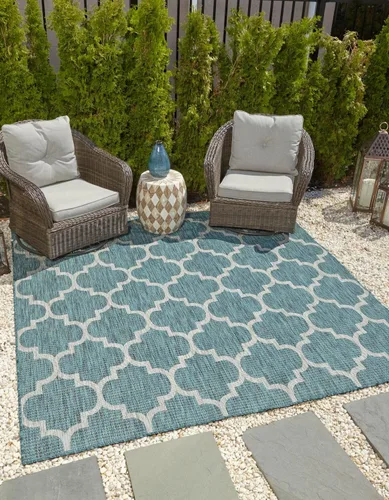 Vista 43 de Unique Loom Outdoor Trellis Collection Alfombra de Área (5' 1" x 8' Oval, Aguamarina/Gris)