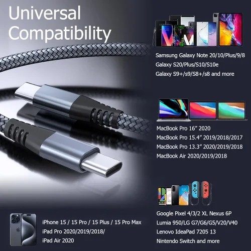 Vista 6 de Puxnoin Cable USB C a USB C de 6 pies y 60 W, paquete de 3 cables USB C, cable de carga PD tipo C de carga rápida compatible con iPhone 15, MacBook