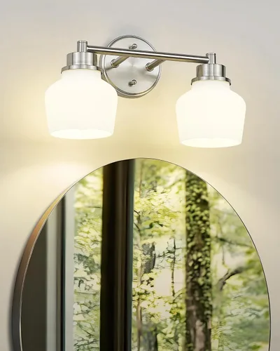Vista 7 de Luminarias de baño Emak de níquel cepillado, luz de tocador de baño de 2 luces con pantalla de vidrio esmerilado, luces de tocador modernas