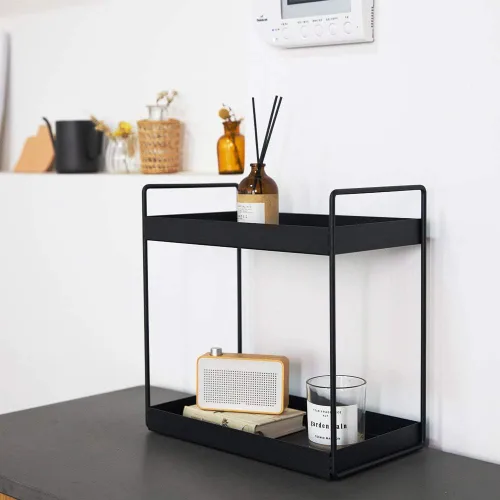 Vista 5 de Estantería de 2 niveles para baño, encimera de almacenamiento, organizador de cosméticos, soporte para especias de cocina, color negro.
