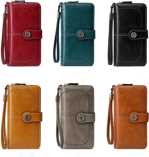 Vista 7 de SKUZA Billetera, bolsa para tarjetas, cartera de piel con bloqueo RFID, carteras de cuero para mujer, cremallera larga, bolsa de embrague