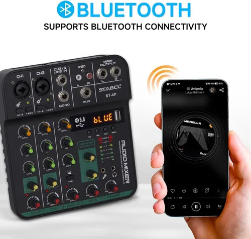 Vista 4 de Tablero mezclador de audio de 4 canales, consola de mezcla de tablero de sonido con USB digital Bluetooth 48V Phantom Power y Echo, pequeña interfaz