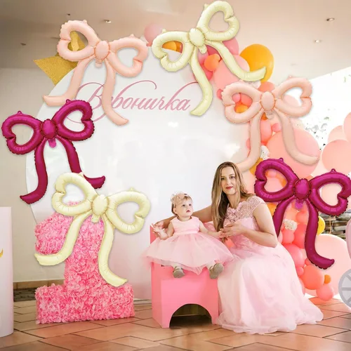 Vista 5 de 6 globos de lazo rosa, globos de papel de aluminio, decoración de fiesta para niñas, regreso a la escuela, graduados, baby shower, boda, compromiso