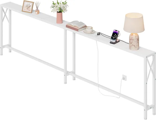 Vista 12 de Gewudraw - Mesa de sofá estrecha de 55.1", mesa consola con tomas de corriente y puertos USB, mesa de entrada, mesa de sofá industrial para pasillo