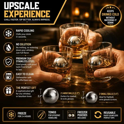 Vista 3 de G&J's Finest Premium - Juego de 4 bolas de acero inoxidable para whisky, 2 bolas extragrandes y 2 de gran tamaño con bolsas para congelador y pinzas