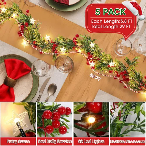 Vista 2 de Duraaamo 5 piezas de guirnalda de Navidad preiluminada con luces de estrella de 1,8 m, 20 luces LED, guirnalda de acebo con bayas rojas, funciona