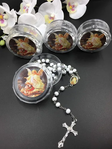 Vista 2 de 12 - Ángel de la Guarda Favores Rosarios Cruz Perfumada Recuerdos de Bautizo Rosario Blanco