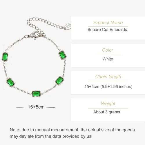 Vista 2 de Pulsera de oro de 14 quilates con cinco esmeraldas de corte cuadrado, diseño de pulsera ajustable para cualquier muñeca, regalo elegante para ella