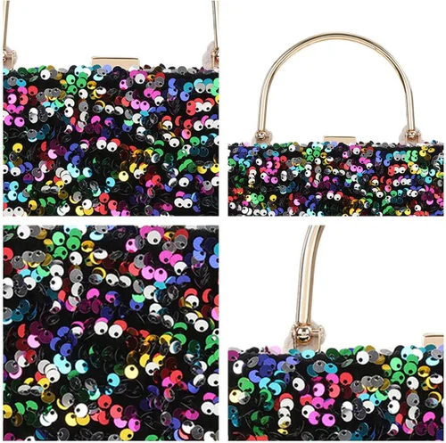Vista 2 de IAMUHI Bolso de mano con lentejuelas pequeñas, bolso de noche con asa superior, mini bolso cruzado de hombro cuadrado