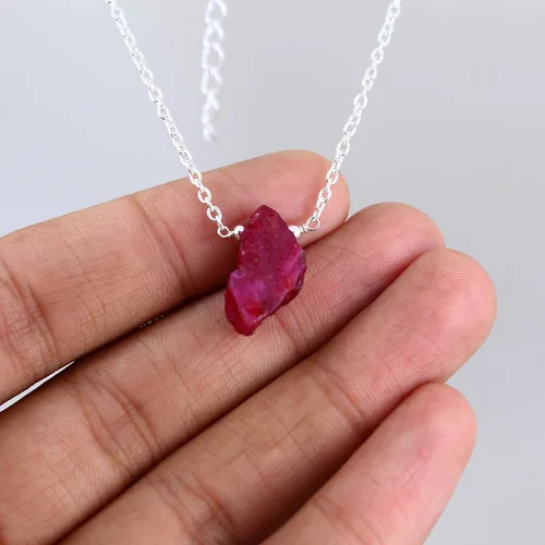 Vista 3 de Gempires Natural Raw Ruby Pendant Necklace for Women, Raw Stone Necklace, Ruby Crystal Jewelry, July Birthstone,16 + 2 Inch Silver Plated Adjustable