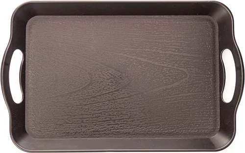 Vista 2 de Bandeja de plástico con asas para cafetería - 35.6 x 22.9 cm, rectangular con textura de madera, para servir alimentos, ideal para buffets