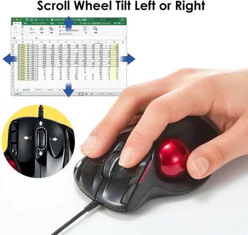 Vista 4 de SANWA Ratón ergonómico con cable, ratón de bola rodante programable, desplazamiento inclinable, 400/800/1200/1600 DPI, trackball de computadora