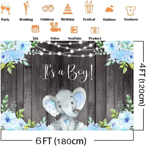 Vista 3 de Avezano Cartel de elefante para baby shower, cartel de fiesta de niño con texto en inglés "It's a boy", decoración floral azul para baby shower, 6 x