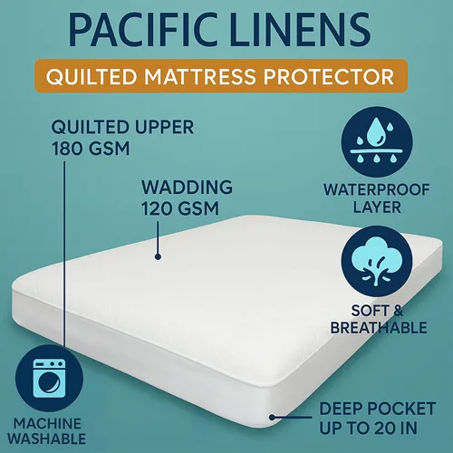 Vista 4 de Pacific Linens Protector de colchón impermeable acolchado blanco, bolsillo profundo de hasta 20 pulgadas, tela suave y transpirable, lavable a