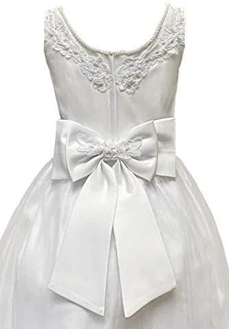 Vista 5 de Vestido de bautismo de comunión de satén blanco con apliques de cuentas