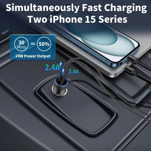 Vista 9 de Apple MFi Certified iPhone 17 Car Charger, 4.8A Dual USB Car Phone Charger