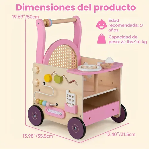 Vista 7 de OLAKIDS Andador de madera para bebés con centro de actividades, juguete Andador de pie con cochecito de muñeca, laberinto de cuentas, engranajes