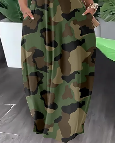 Vista 3 de HTHCHENG Vestido largo bohemio de camuflaje con estampado 3D en 3D para mujer, vestido largo de verano para la playa
